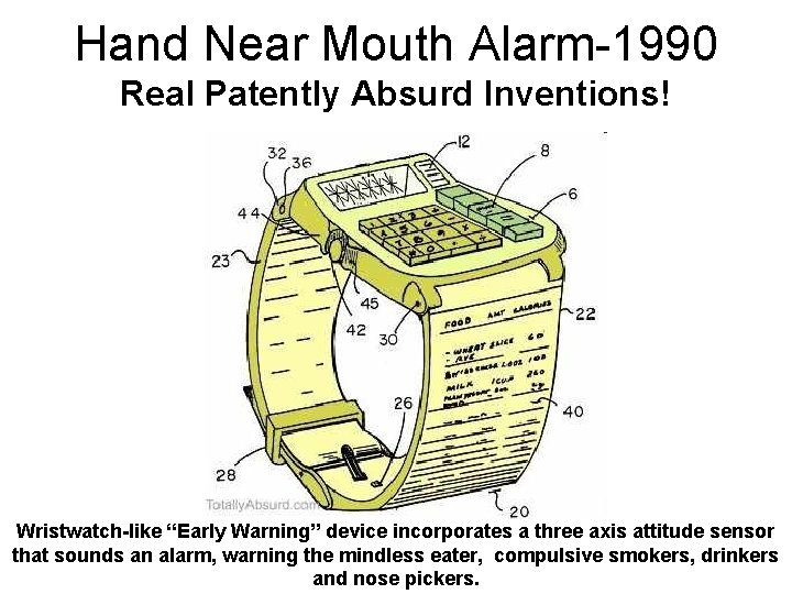 Hand Near Mouth Alarm-1990 Real Patently Absurd Inventions! Wristwatch-like “Early Warning” device incorporates a