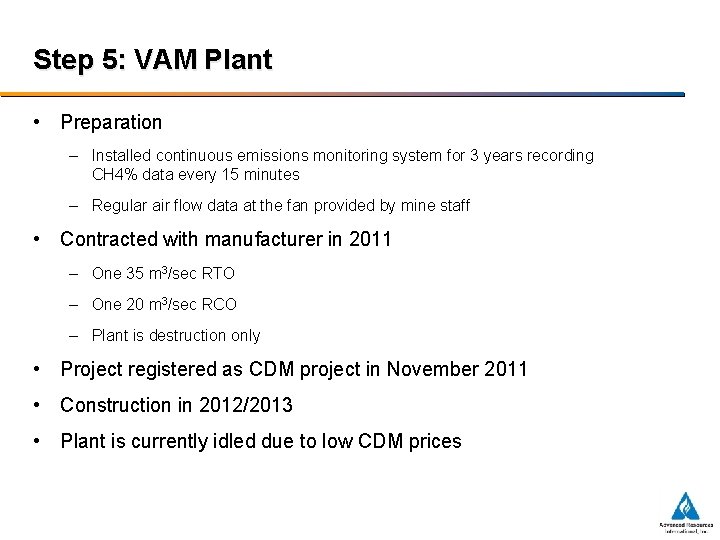 Step 5: VAM Plant • Preparation – Installed continuous emissions monitoring system for 3