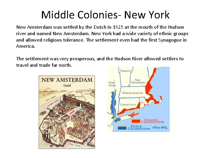 Middle Colonies- New York New Amsterdam was settled by the Dutch in 1625 at