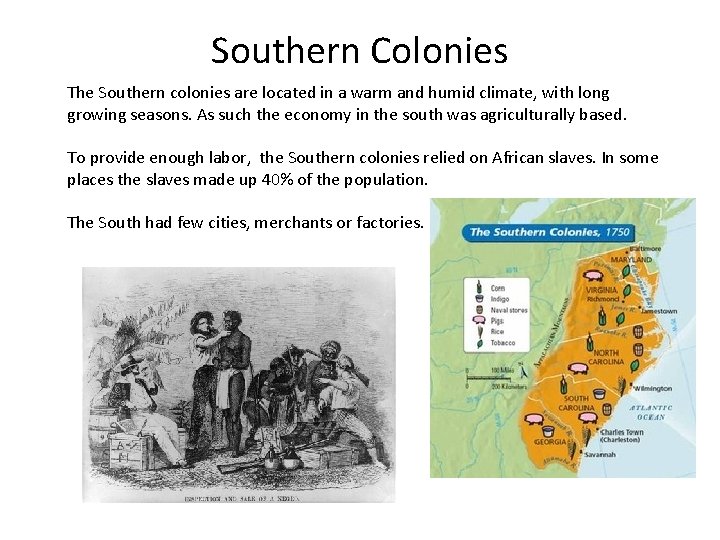 Southern Colonies The Southern colonies are located in a warm and humid climate, with