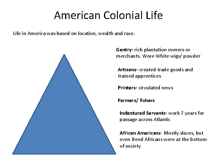 American Colonial Life in America was based on location, wealth and race. Gentry- rich