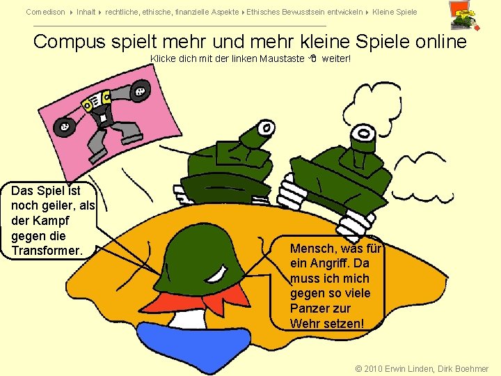 Comedison Inhalt rechtliche, ethische, finanzielle Aspekte Ethisches Bewusstsein entwickeln Kleine Spiele Compus spielt mehr