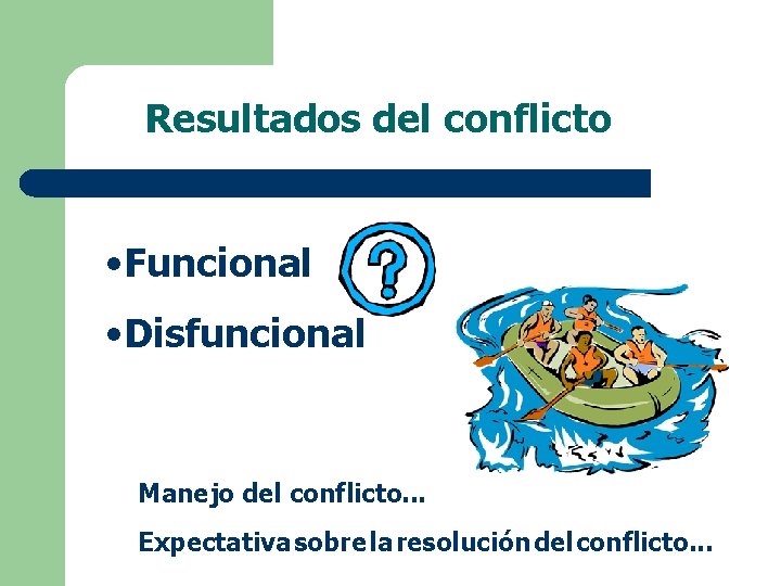 Resultados del conflicto • Funcional • Disfuncional Manejo del conflicto. . . Expectativa sobre