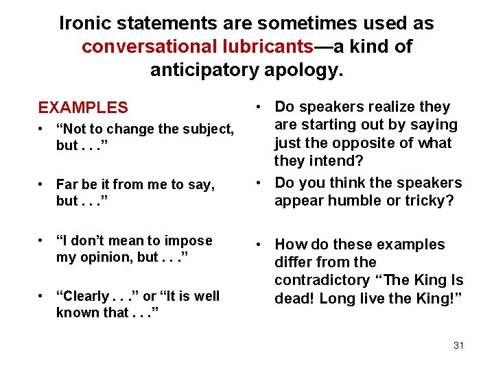 Ironic statements are sometimes used as conversational lubricants—a kind of anticipatory apology. EXAMPLES •