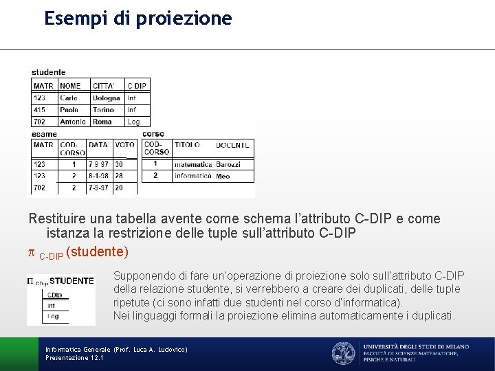 Esempi di proiezione Restituire una tabella avente come schema l’attributo C-DIP e come istanza