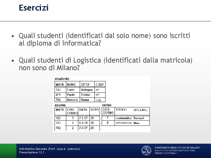 Esercizi • Quali studenti (identificati dal solo nome) sono iscritti al diploma di informatica?