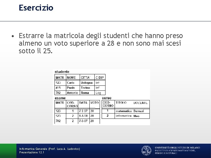 Esercizio • Estrarre la matricola degli studenti che hanno preso almeno un voto superiore