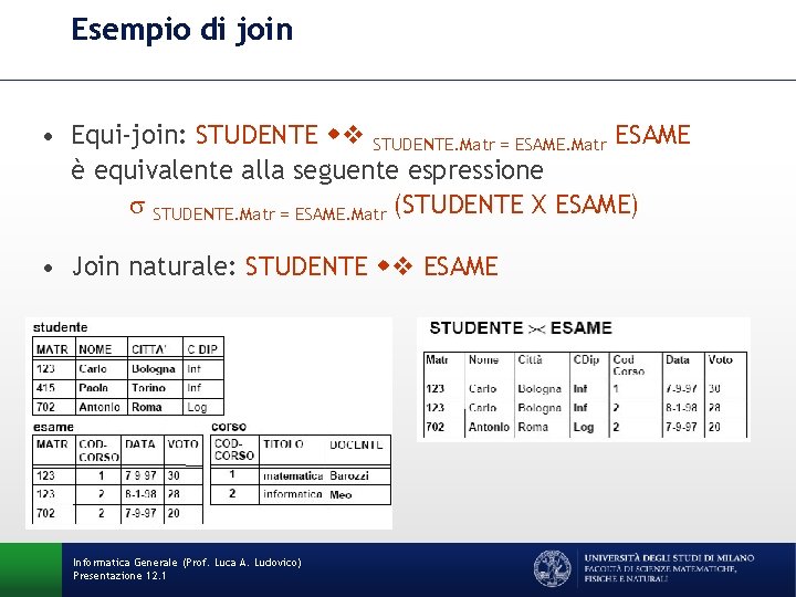 Esempio di join • Equi-join: STUDENTE. Matr = ESAME. Matr ESAME è equivalente alla