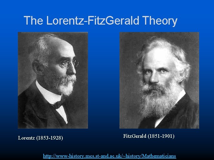 The Lorentz-Fitz. Gerald Theory Lorentz (1853 -1928) Fitz. Gerald (1851 -1901) http: //www-history. mcs.