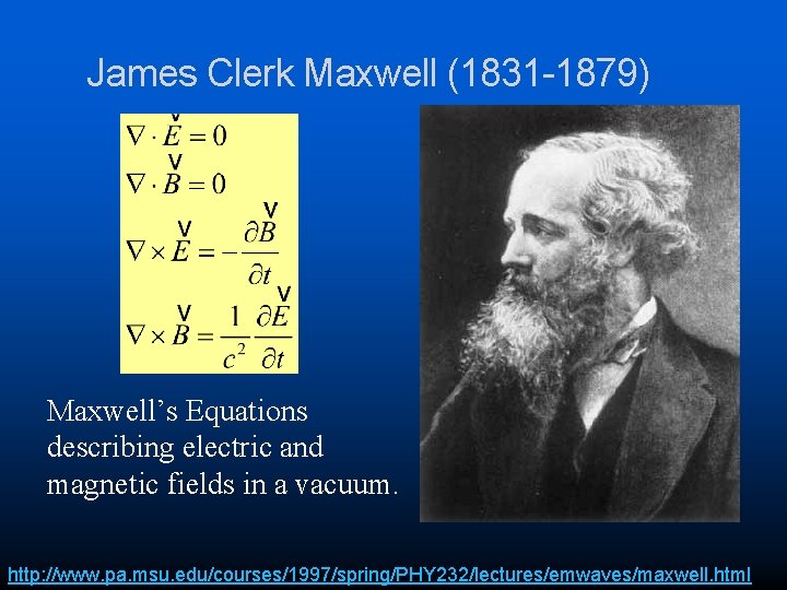 James Clerk Maxwell (1831 -1879) Maxwell’s Equations describing electric and magnetic fields in a