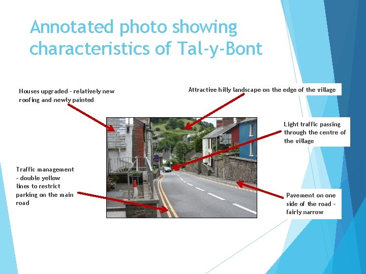 Annotated photo showing characteristics of Tal-y-Bont Houses upgraded – relatively new roofing and newly