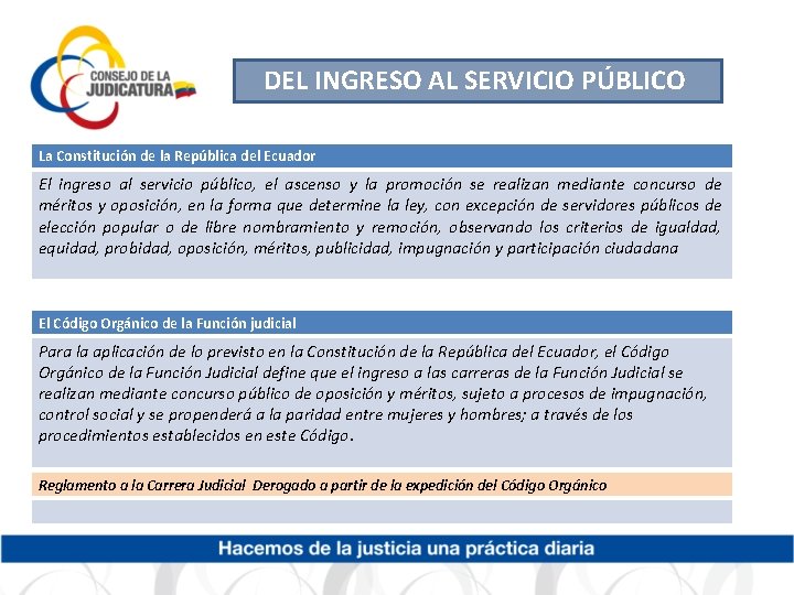 DEL INGRESO AL SERVICIO PÚBLICO La Constitución de la República del Ecuador El ingreso