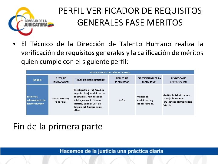 PERFIL VERIFICADOR DE REQUISITOS GENERALES FASE MERITOS • El Técnico de la Dirección de