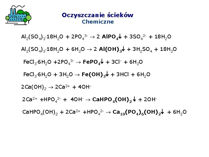 Oczyszczanie ścieków Chemiczne Al 2(SO 4)3 18 H 2 O + 2 PO 43