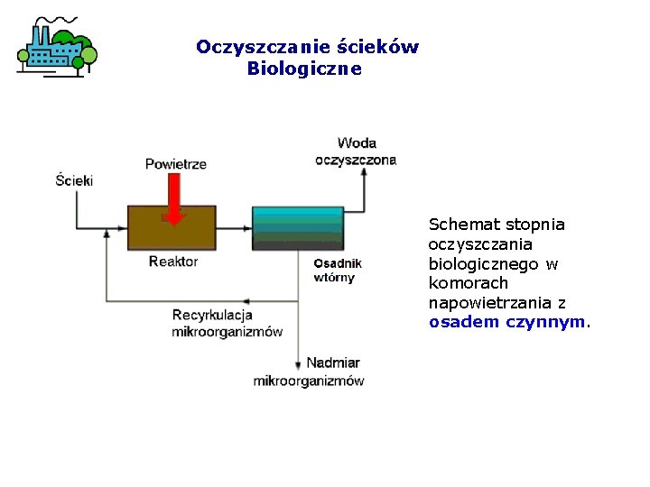  Oczyszczanie ścieków Biologiczne Schemat stopnia oczyszczania biologicznego w komorach napowietrzania z osadem czynnym.