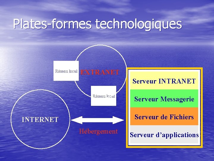 Plates-formes technologiques Réseau local EXTRANET Serveur INTRANET Réseau local Serveur Messagerie Réseau local Serveur