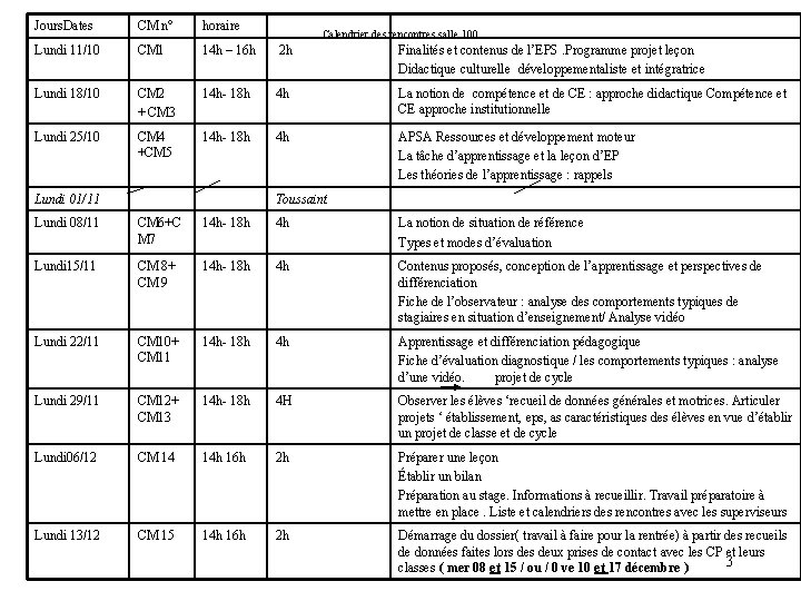 Jours. Dates CM n° horaire Lundi 11/10 CM 1 14 h – 16 h