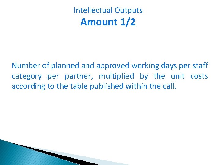 Intellectual Outputs Amount 1/2 Number of planned and approved working days per staff category