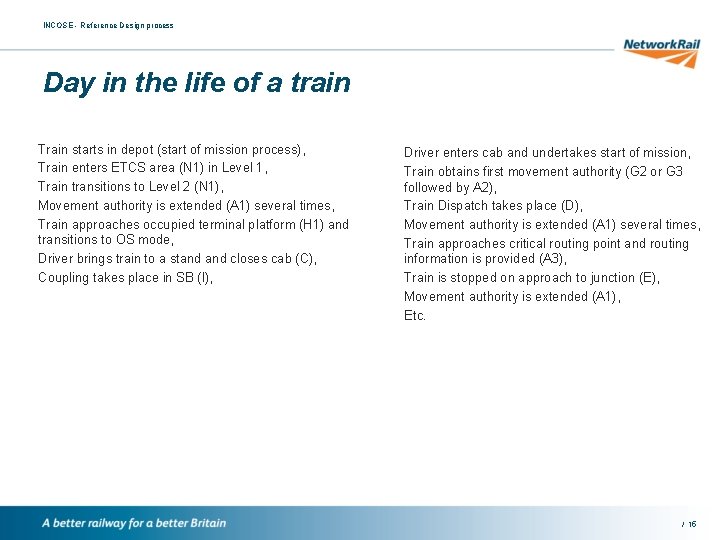 INCOSE - Reference Design process Day in the life of a train Train starts