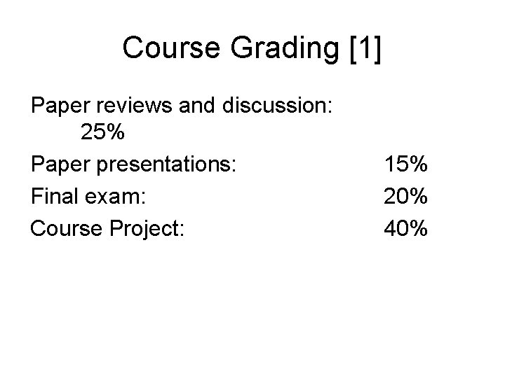 Course Grading [1] Paper reviews and discussion: 25% Paper presentations: Final exam: Course Project: