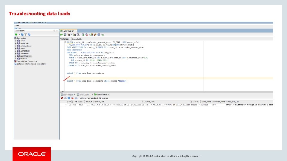 Troubleshooting data loads Copyright © 2016, Oracle and/or its affiliates. All rights reserved. |