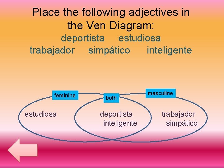 Place the following adjectives in the Ven Diagram: deportista estudiosa trabajador simpático inteligente feminine