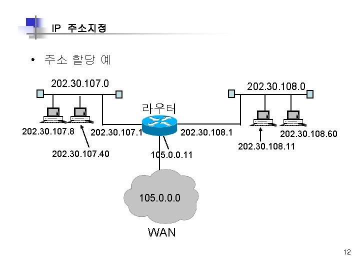 IP 주소지정 • 주소 할당 예 202. 30. 107. 0 202. 30. 108. 0