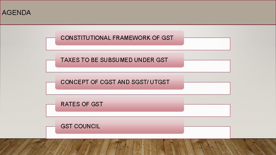 AGENDA CONSTITUTIONAL FRAMEWORK OF GST TAXES TO BE SUBSUMED UNDER GST CONCEPT OF CGST