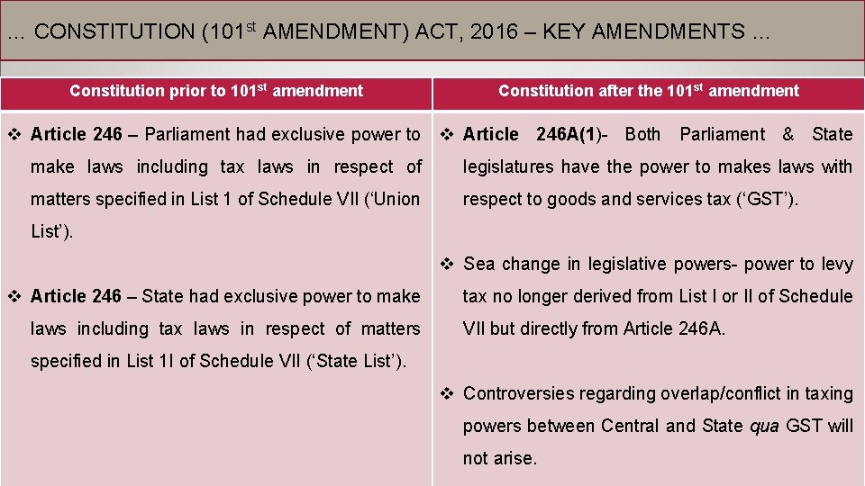 … CONSTITUTION (101 st AMENDMENT) ACT, 2016 – KEY AMENDMENTS … Constitution prior to
