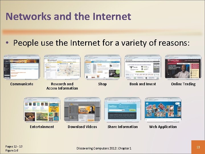 Networks and the Internet • People use the Internet for a variety of reasons: