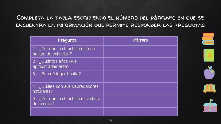 Completa la tabla escribiendo el número del párrafo en que se encuentra la información