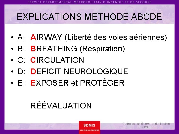 EXPLICATIONS METHODE ABCDE • • • A: B: C: D: E: AIRWAY (Liberté des