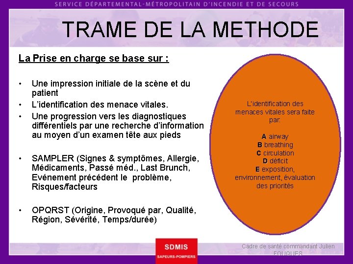 TRAME DE LA METHODE La Prise en charge se base sur : • •