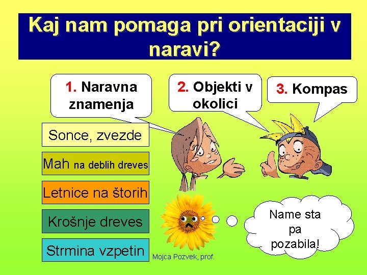 Kaj nam pomaga pri orientaciji v naravi? 1. Naravna znamenja 2. Objekti v okolici