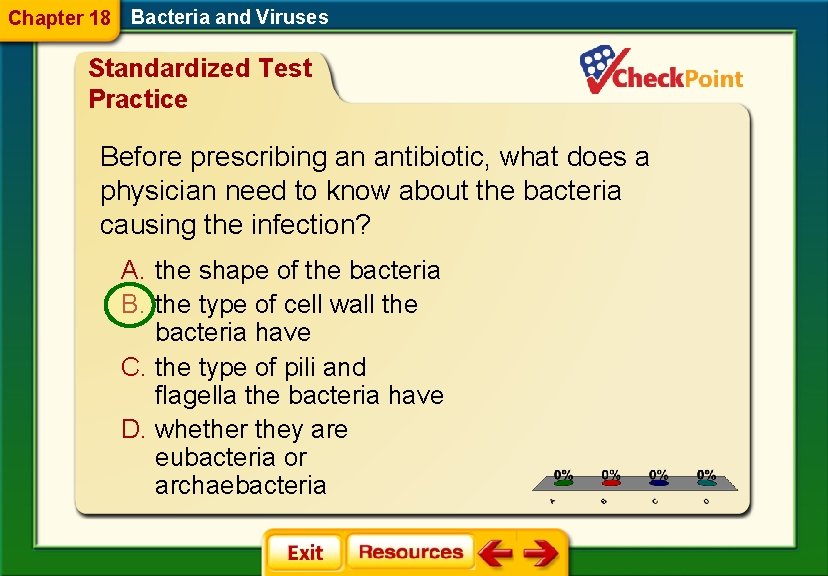 Chapter 18 Bacteria and Viruses Standardized Test Practice Before prescribing an antibiotic, what does