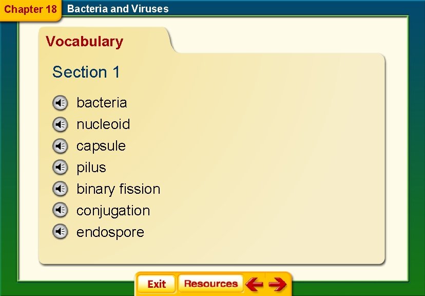 Chapter 18 Bacteria and Viruses Vocabulary Section 1 bacteria nucleoid capsule pilus binary fission