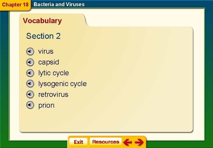 Chapter 18 Bacteria and Viruses Vocabulary Section 2 virus capsid lytic cycle lysogenic cycle