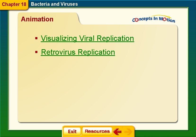 Chapter 18 Bacteria and Viruses Animation § Visualizing Viral Replication § Retrovirus Replication 