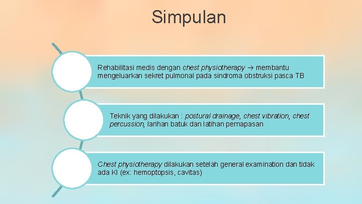 Simpulan Rehabilitasi medis dengan chest physiotherapy membantu mengeluarkan sekret pulmonal pada sindroma obstruksi pasca