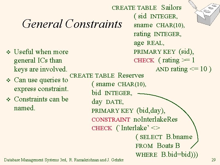 CREATE TABLE Sailors ( sid INTEGER, sname CHAR(10), rating INTEGER, age REAL, PRIMARY KEY