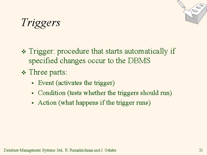 Triggers Trigger: procedure that starts automatically if specified changes occur to the DBMS v
