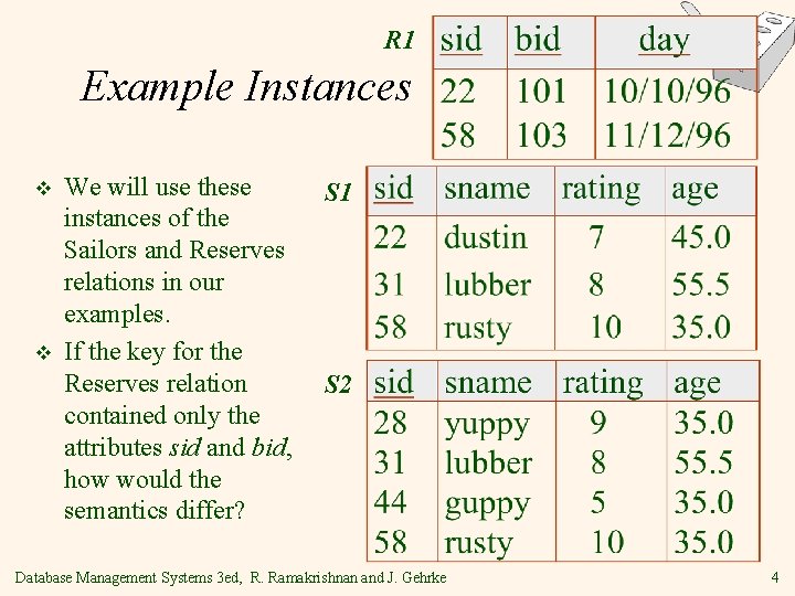 R 1 Example Instances v v We will use these instances of the Sailors