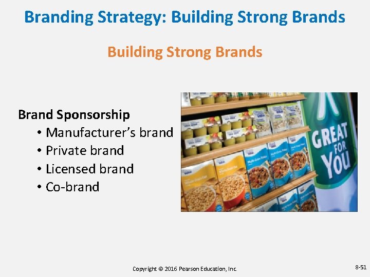 Branding Strategy: Building Strong Brands Brand Sponsorship • Manufacturer’s brand • Private brand • Branding Strategy: Building Strong Brands Brand Sponsorship • Manufacturer’s brand • Private brand •