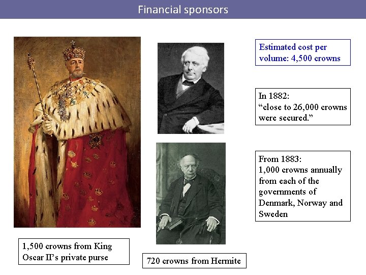 Financial sponsors Estimated cost per volume: 4, 500 crowns In 1882: “close to 26,