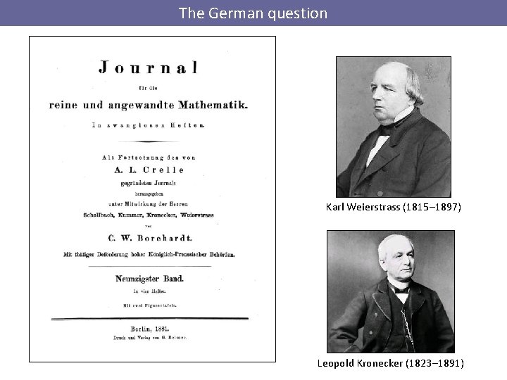 The German question Karl Weierstrass (1815‒ 1897) Leopold Kronecker (1823‒ 1891) 