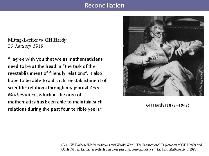 Reconciliation Mittag-Leffler to GH Hardy 25 January 1919 “I agree with you that we