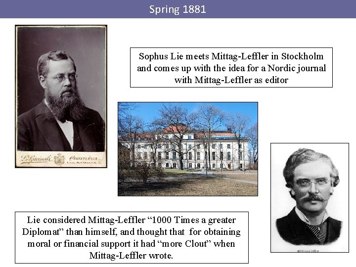 Spring 1881 Sophus Lie meets Mittag-Leffler in Stockholm and comes up with the idea