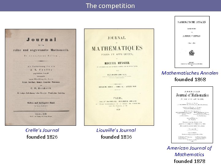 The competition Mathematisches Annalen founded 1868 Crelle’s Journal founded 1826 Liouville’s Journal founded 1836