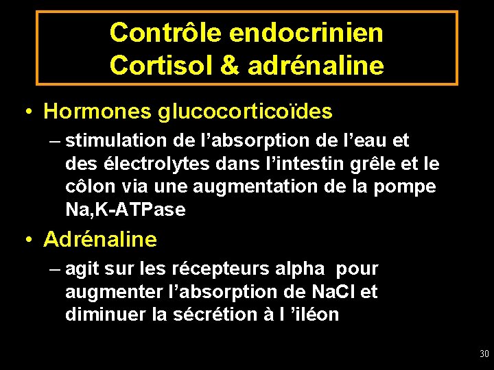 Contrôle endocrinien Cortisol & adrénaline • Hormones glucocorticoïdes – stimulation de l’absorption de l’eau