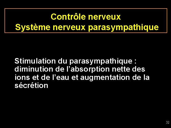 Contrôle nerveux Système nerveux parasympathique Stimulation du parasympathique : diminution de l’absorption nette des